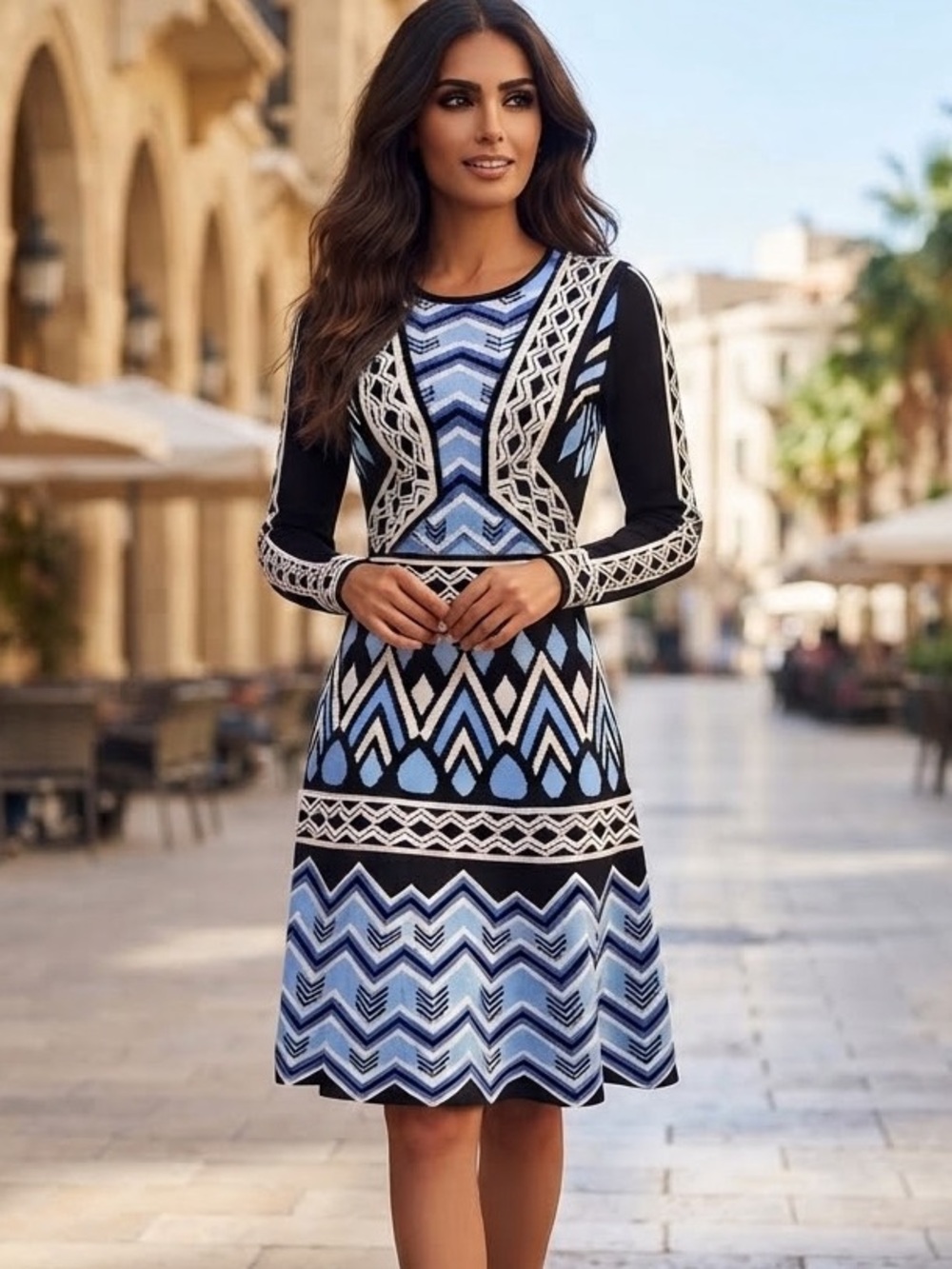 Eliza J Blue and Black Geometric Long-Sleeve Fit-and-Flare Sweater Dress XS